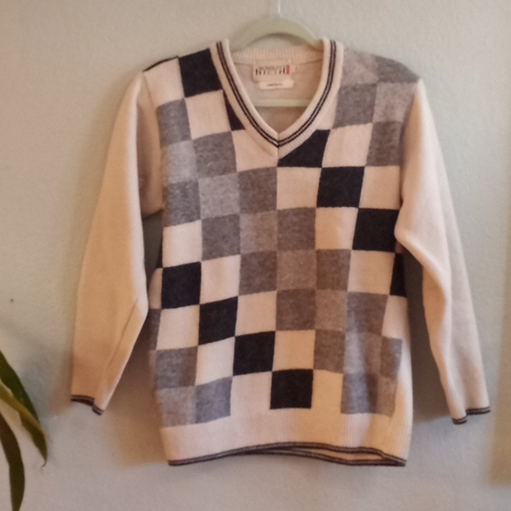 Bombay High Sport Classic Lamb Wool Preppy Checkered V-Neck Long Sleeve Sweater - Picture 2 of 5